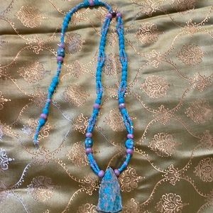 Handmade Jewelry Turquoise Centre Beaded Necklace w Skulls & Semiprecious Stones